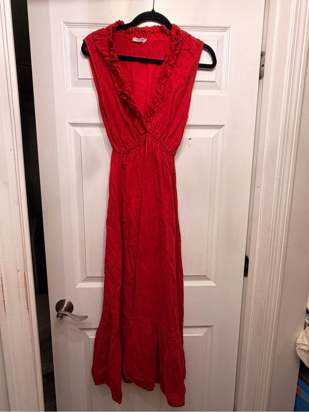 Puro Lino Made in Italy Ruffled V-Neck red Maxi linen Dress